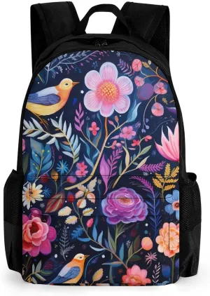 Flowers Birds Casual Backpack Lightweight Shoulders Bag Laptop Daypacks with Side Pocket for Workplace Travel