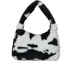 Fluffy Faux Fur Underarm Bag Fuzzy Shoulder Bag for Women Clutch Mini Plush Purse Cow Print Trendy Tote Handbag