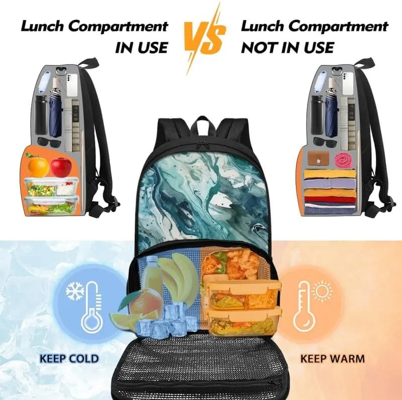Fluid Art Turquoise Hand Drawing Cooler Backpack Double Deck Liquid Marbling Skin Lunch Backpack for School Girls Backpack Set fit Hiking & Lunch