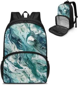 Fluid Art Turquoise Hand Drawing Cooler Backpack Double Deck Liquid Marbling Skin Lunch Backpack for School Girls Backpack Set fit Hiking & Lunch