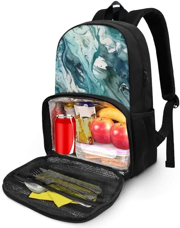 Fluid Art Turquoise Hand Drawing Cooler Backpack Double Deck Liquid Marbling Skin Lunch Backpack for School Girls Backpack Set fit Hiking & Lunch