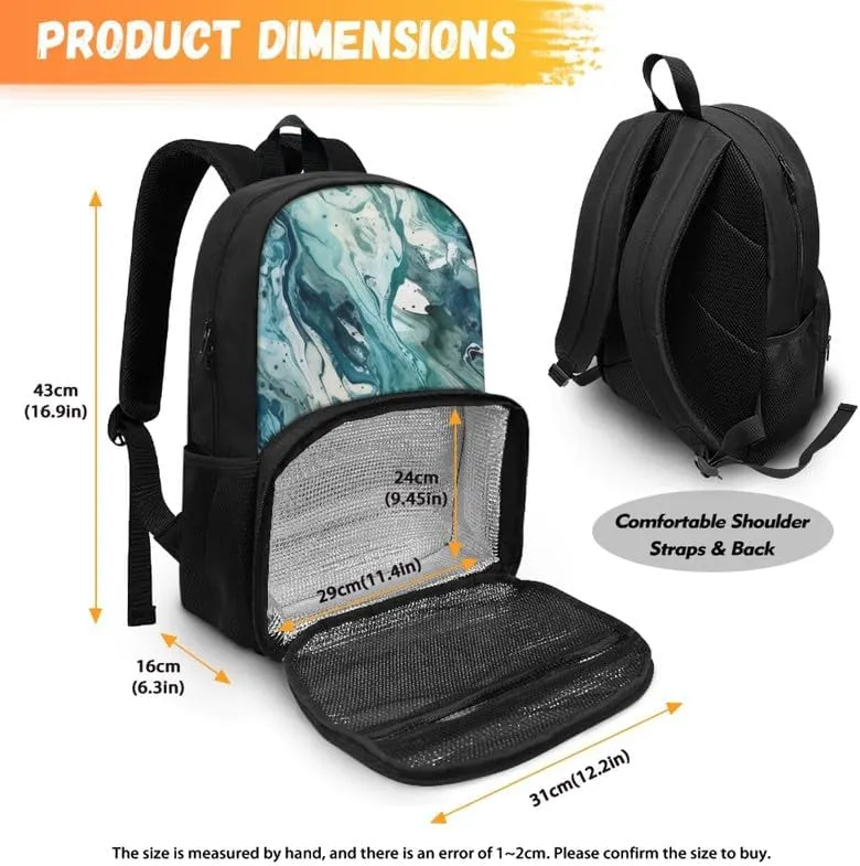 Fluid Art Turquoise Hand Drawing Cooler Backpack Double Deck Liquid Marbling Skin Lunch Backpack for School Girls Backpack Set fit Hiking & Lunch
