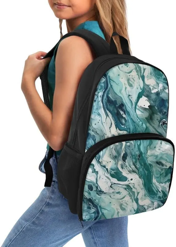Fluid Art Turquoise Hand Drawing Cooler Backpack Double Deck Liquid Marbling Skin Lunch Backpack for School Girls Backpack Set fit Hiking & Lunch