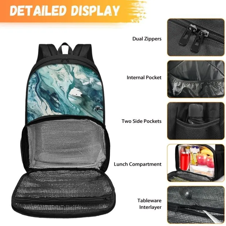 Fluid Art Turquoise Hand Drawing Cooler Backpack Double Deck Liquid Marbling Skin Lunch Backpack for School Girls Backpack Set fit Hiking & Lunch