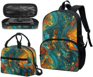 Fluid Painting Marble 3-Pcs School Backpack, Splash Gradient Olive Green Casual Daypack Set Durable Knapsack Waterproof Lunch Bag Pencil Bag Fits 12" Laptop Bag Gifts