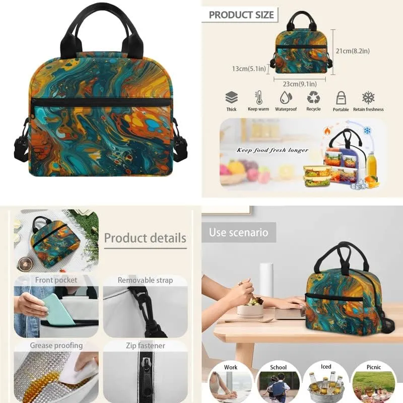 Fluid Painting Marble 3-Pcs School Backpack, Splash Gradient Olive Green Casual Daypack Set Durable Knapsack Waterproof Lunch Bag Pencil Bag Fits 12" Laptop Bag Gifts