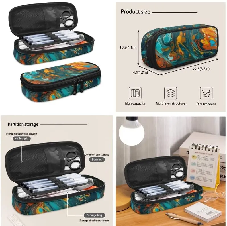 Fluid Painting Marble 3-Pcs School Backpack, Splash Gradient Olive Green Casual Daypack Set Durable Knapsack Waterproof Lunch Bag Pencil Bag Fits 12" Laptop Bag Gifts