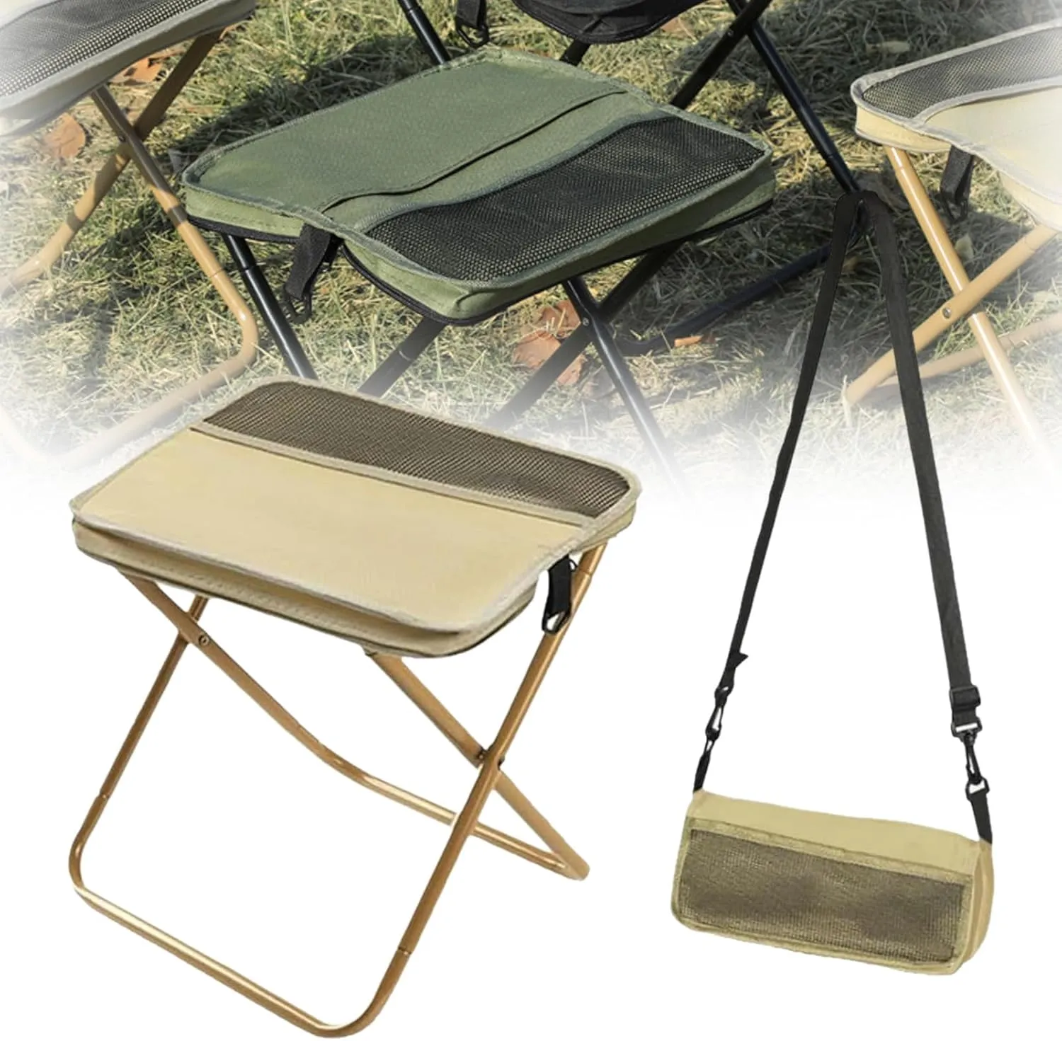 Foldable Backpack Stool, Portable Folding Backpack Stool with Adjustable Strap, Lightweight Mini Camping Chair for Hiking, Fishing, Travel & Outdoor Events (Beige, Large)