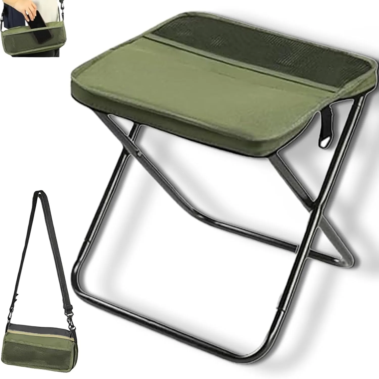 Foldable Backpack Stool, Portable Mini Outdoor Camping Folding Seat,Ultra-Lightweight with Adjustable Shoulder Strap, for Camping, Fishing, Hiking (Green,Small)