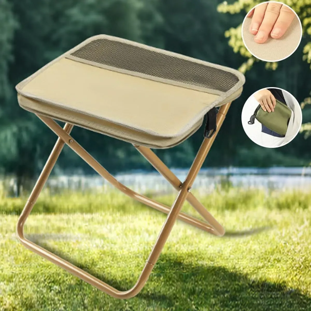 Foldable Backpack Stool with Adjustable Shoulder (Load Capacity 265 Lbs), Portable Mini Outdoor Camping Folding Seat, for Camping, Fishing, Hiking, Picnics (Khaki, Large)