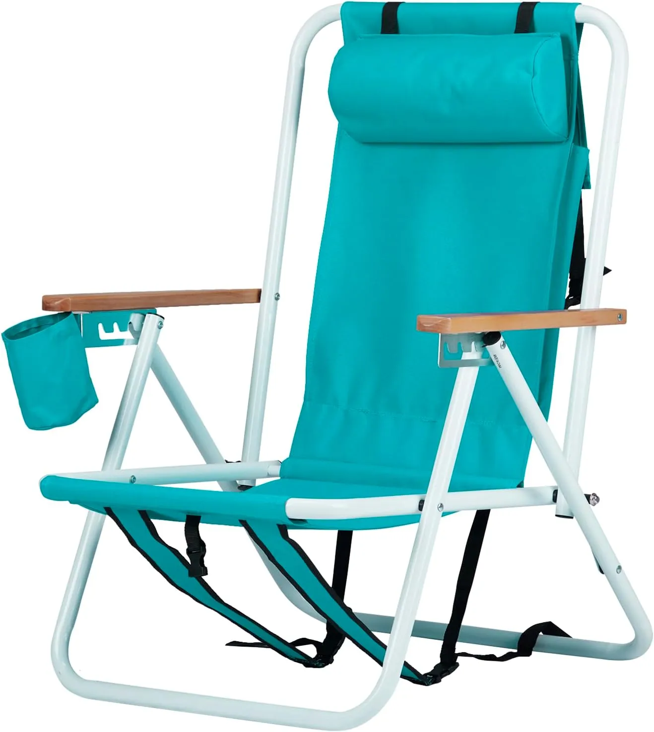 Folding Beach Chair - 4 Position Reclining, Portable Backpack Design, Headrest, Cup Holder & Wooden Armrests, Heavy-Duty Steel Frame, Perfect for Camping, Beach, and Outdoor Use (1, Green)