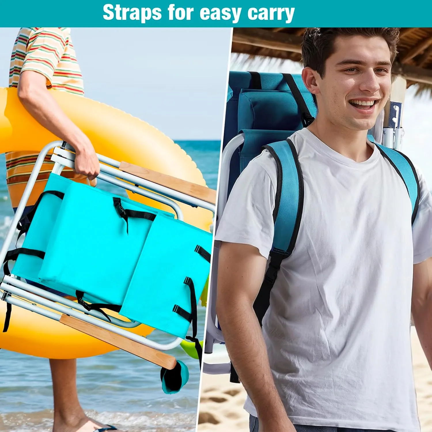 Folding Beach Chair - 4 Position Reclining, Portable Backpack Design, Headrest, Cup Holder & Wooden Armrests, Heavy-Duty Steel Frame, Perfect for Camping, Beach, and Outdoor Use (1, Green)