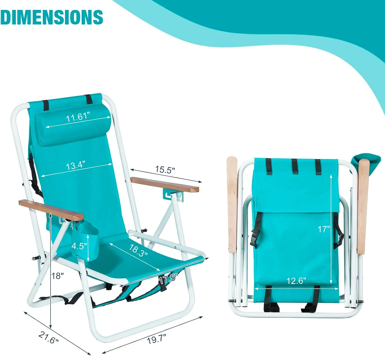 Folding Beach Chair - 4 Position Reclining, Portable Backpack Design, Headrest, Cup Holder & Wooden Armrests, Heavy-Duty Steel Frame, Perfect for Camping, Beach, and Outdoor Use (1, Green)
