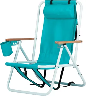 Folding Beach Chair - 4 Position Reclining, Portable Backpack Design, Headrest, Cup Holder & Wooden Armrests, Heavy-Duty Steel Frame, Perfect for Camping, Beach, and Outdoor Use (1, Green)
