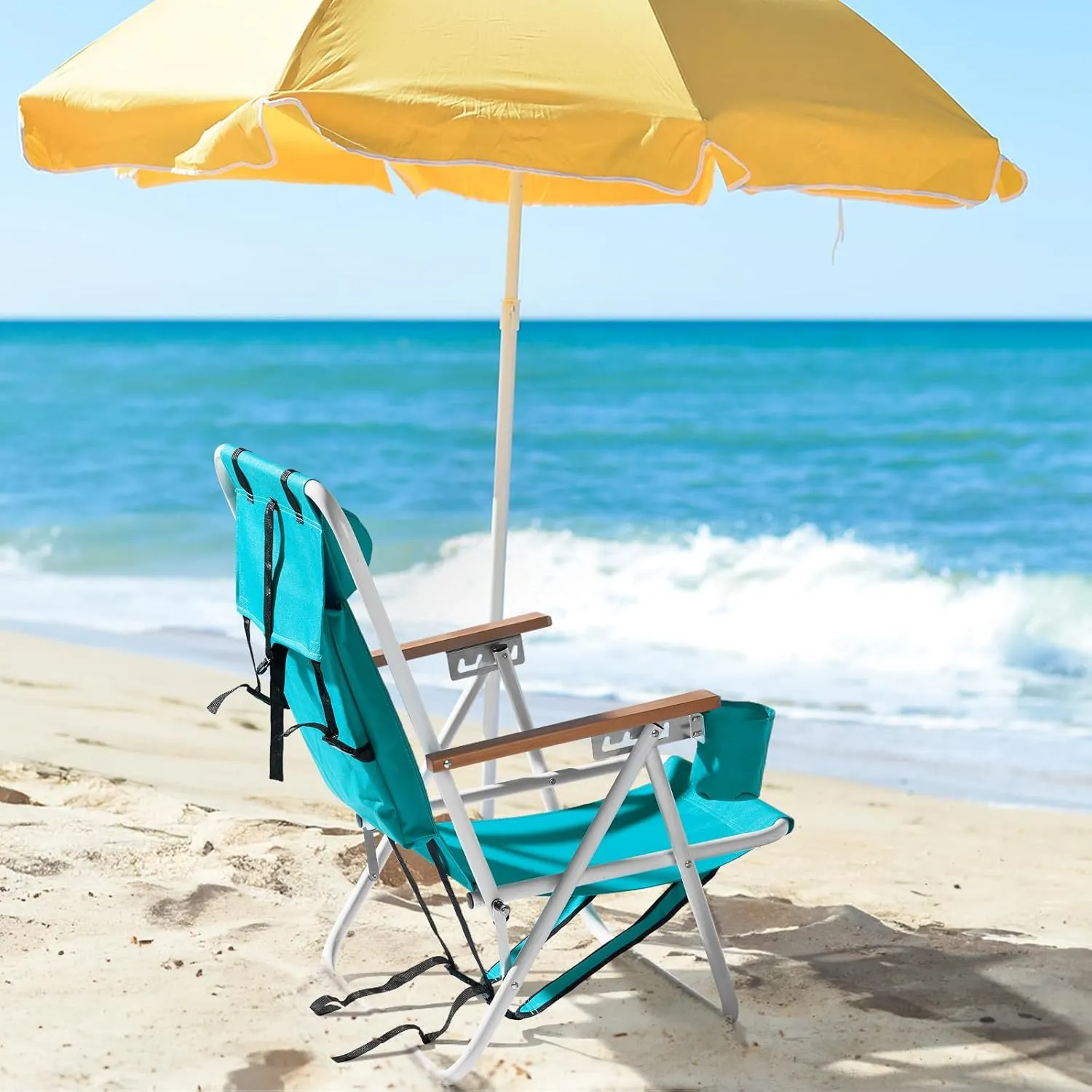 Folding Beach Chair - 4 Position Reclining, Portable Backpack Design, Headrest, Cup Holder & Wooden Armrests, Heavy-Duty Steel Frame, Perfect for Camping, Beach, and Outdoor Use (1, Green)