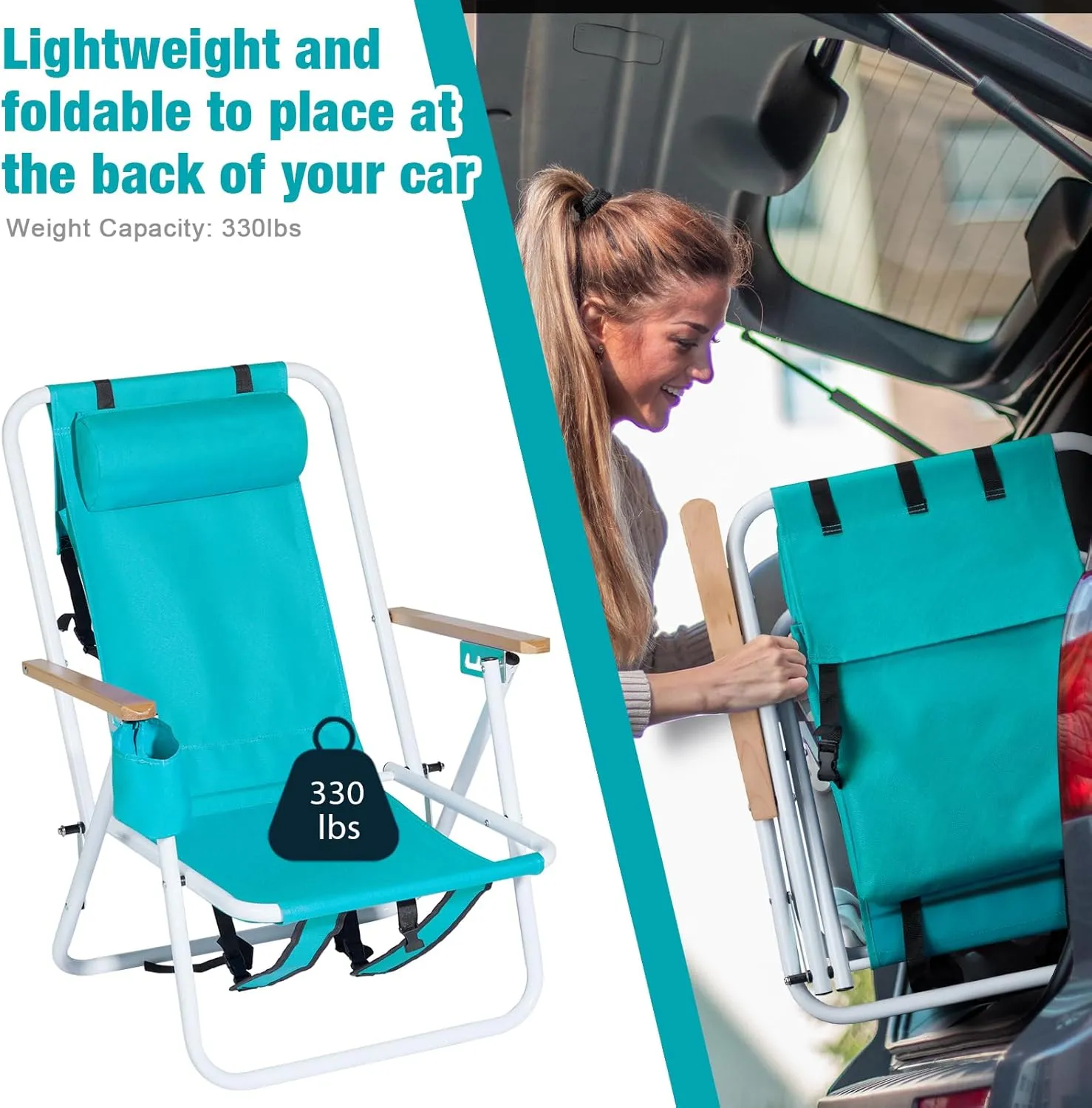 Folding Beach Chair - 4 Position Reclining, Portable Backpack Design, Headrest, Cup Holder & Wooden Armrests, Heavy-Duty Steel Frame, Perfect for Camping, Beach, and Outdoor Use (1, Green)