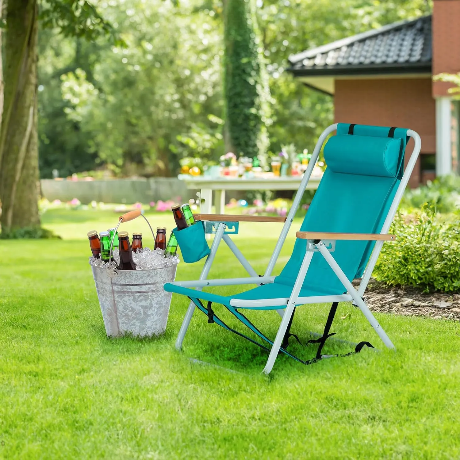 Folding Beach Chair - 4 Position Reclining, Portable Backpack Design, Headrest, Cup Holder & Wooden Armrests, Heavy-Duty Steel Frame, Perfect for Camping, Beach, and Outdoor Use (1, Green)