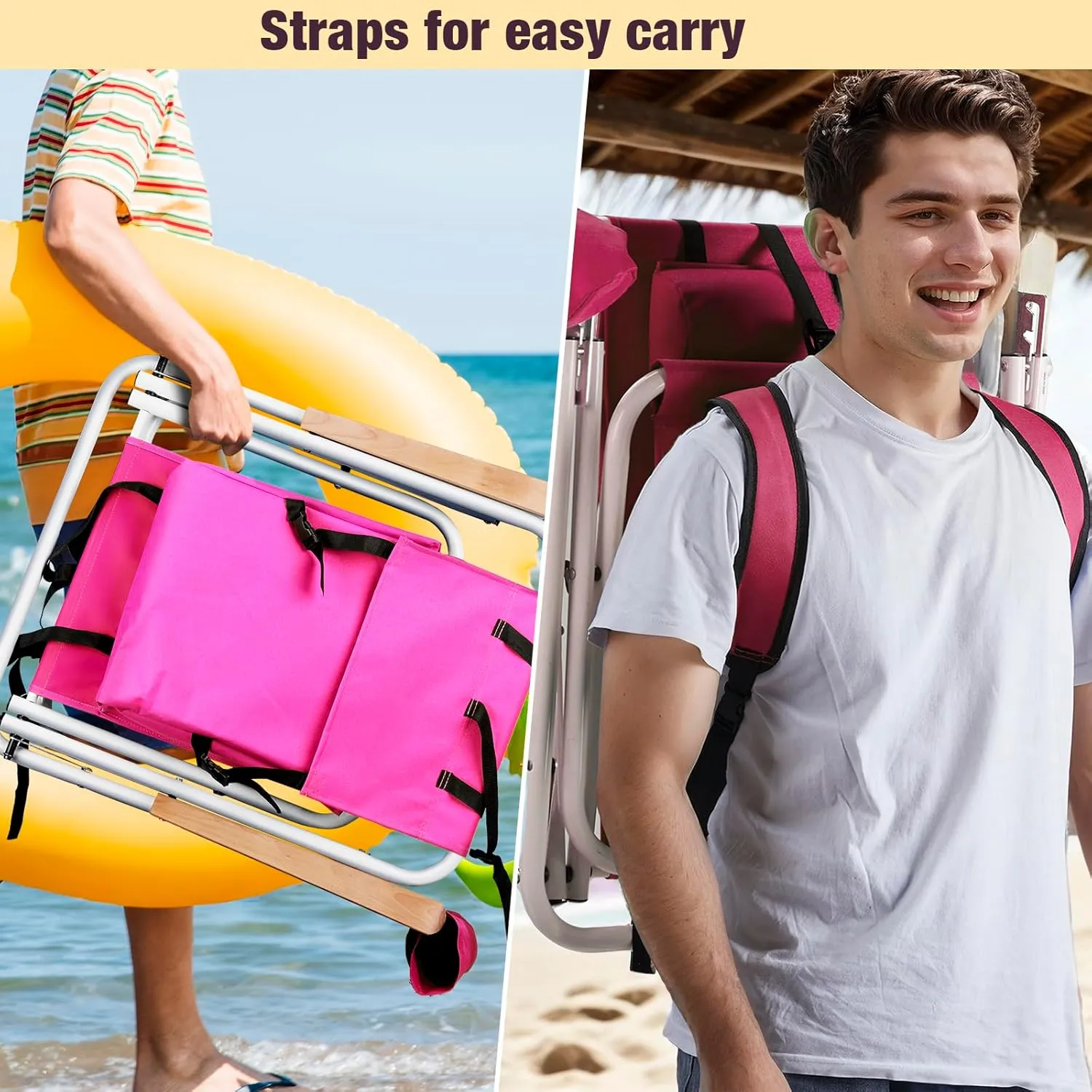Folding Beach Chair - 4 Position Reclining, Portable Backpack Design, Headrest, Cup Holder & Wooden Armrests, Heavy-Duty Steel Frame, Perfect for Camping, Beach, and Outdoor Use (1, Pink)