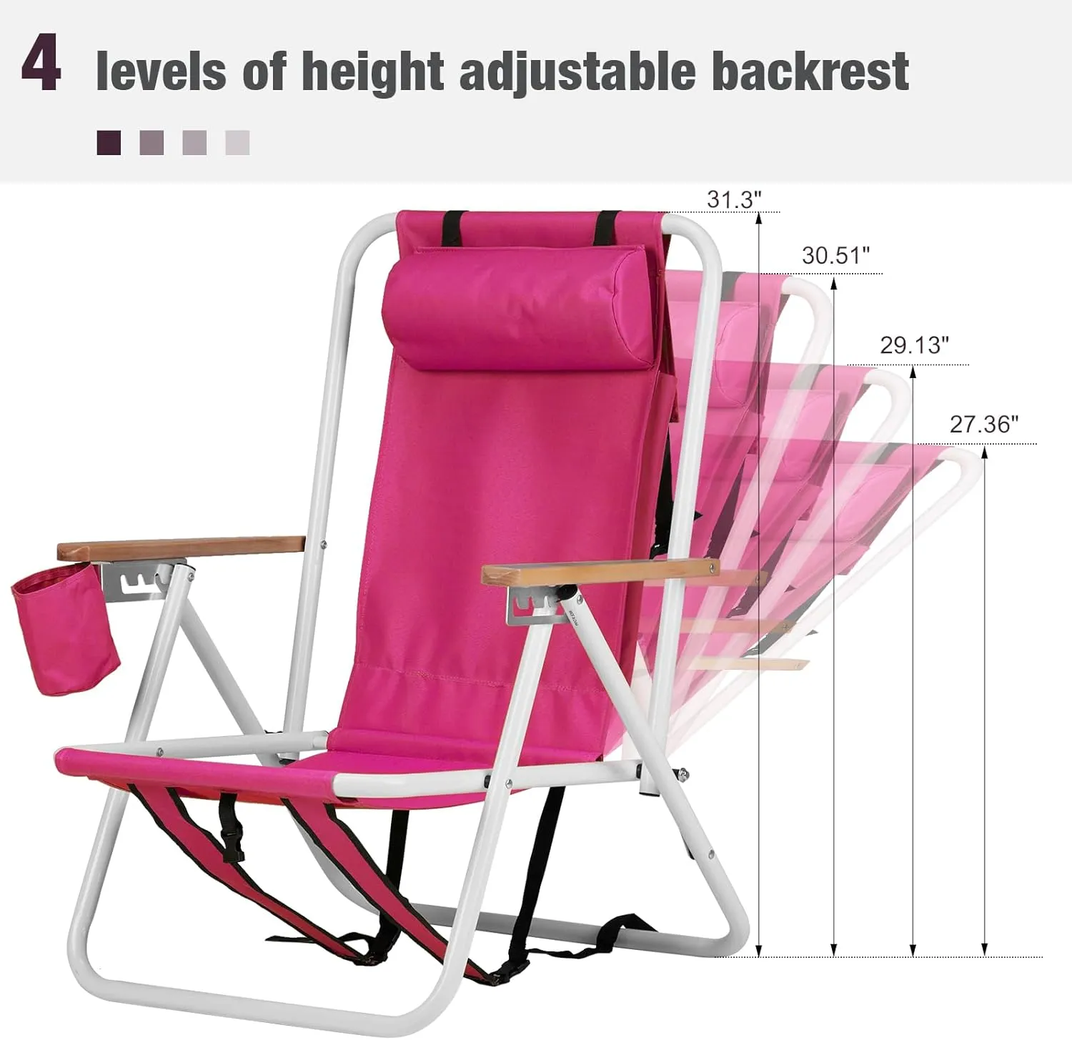 Folding Beach Chair - 4 Position Reclining, Portable Backpack Design, Headrest, Cup Holder & Wooden Armrests, Heavy-Duty Steel Frame, Perfect for Camping, Beach, and Outdoor Use (1, Pink)