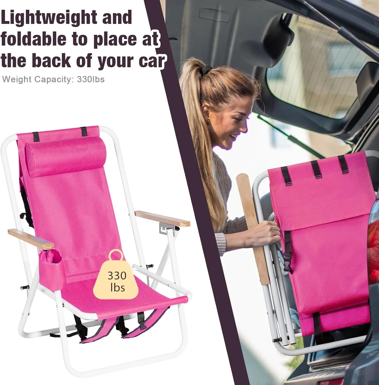 Folding Beach Chair - 4 Position Reclining, Portable Backpack Design, Headrest, Cup Holder & Wooden Armrests, Heavy-Duty Steel Frame, Perfect for Camping, Beach, and Outdoor Use (1, Pink)