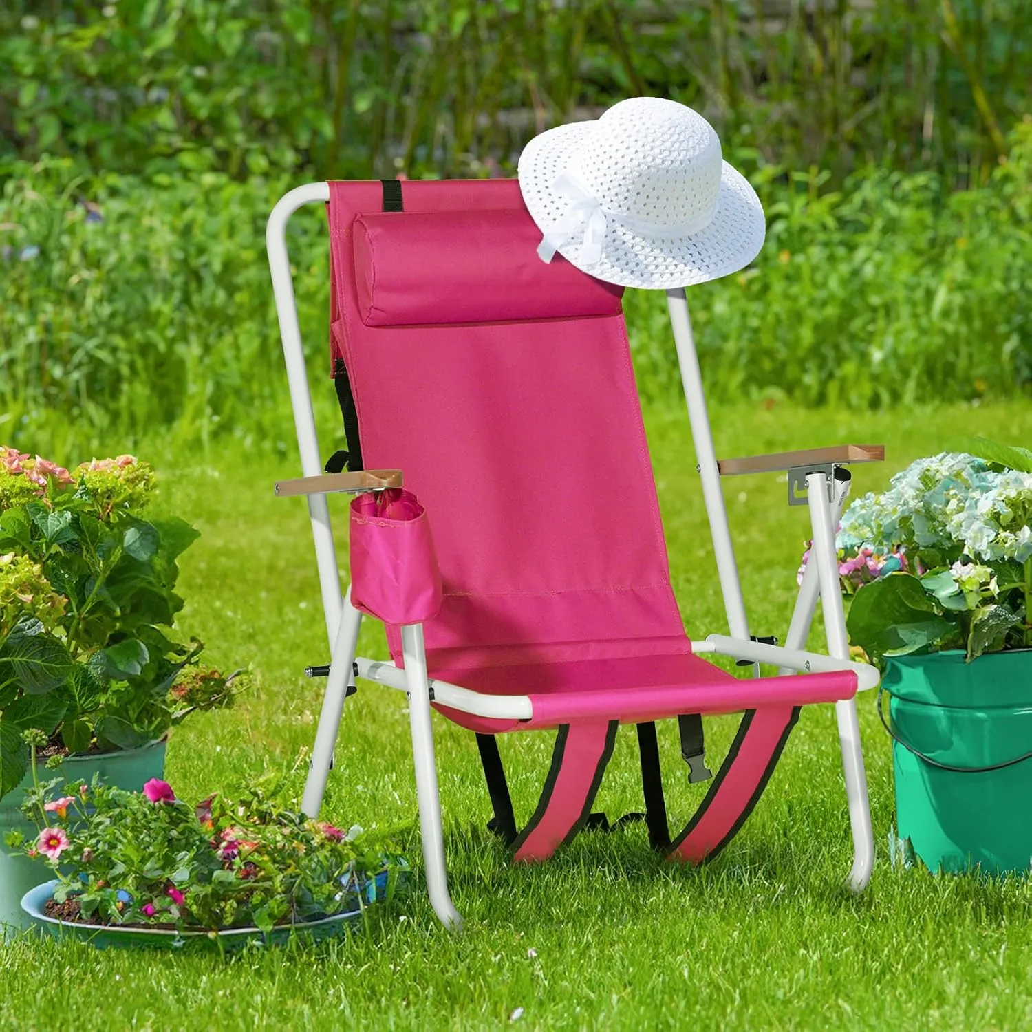 Folding Beach Chair - 4 Position Reclining, Portable Backpack Design, Headrest, Cup Holder & Wooden Armrests, Heavy-Duty Steel Frame, Perfect for Camping, Beach, and Outdoor Use (1, Pink)