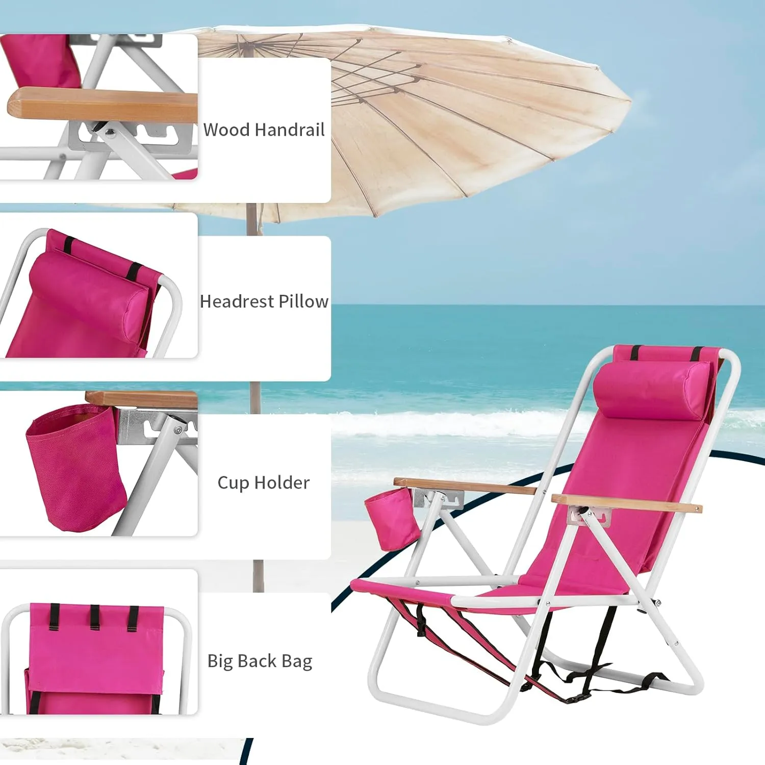 Folding Beach Chair - 4 Position Reclining, Portable Backpack Design, Headrest, Cup Holder & Wooden Armrests, Heavy-Duty Steel Frame, Perfect for Camping, Beach, and Outdoor Use (1, Pink)