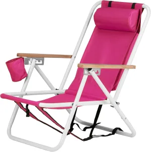Folding Beach Chair - 4 Position Reclining, Portable Backpack Design, Headrest, Cup Holder & Wooden Armrests, Heavy-Duty Steel Frame, Perfect for Camping, Beach, and Outdoor Use (1, Pink)
