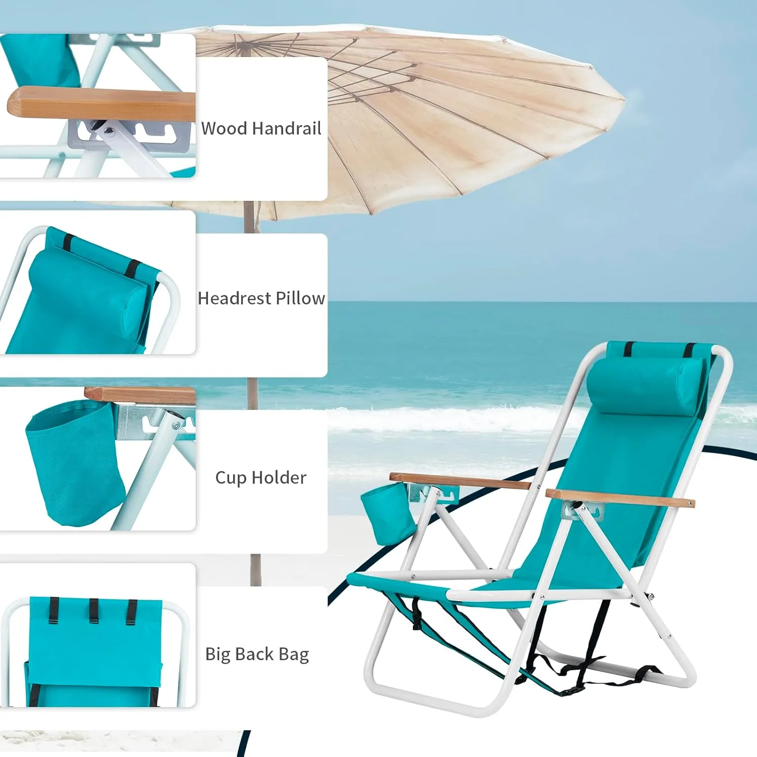Folding Beach Chair Camping Chair, Modern Style, 4-Position Reclining, Portable Backpack Foldable Camping Chair with Headrest and Cup Holder