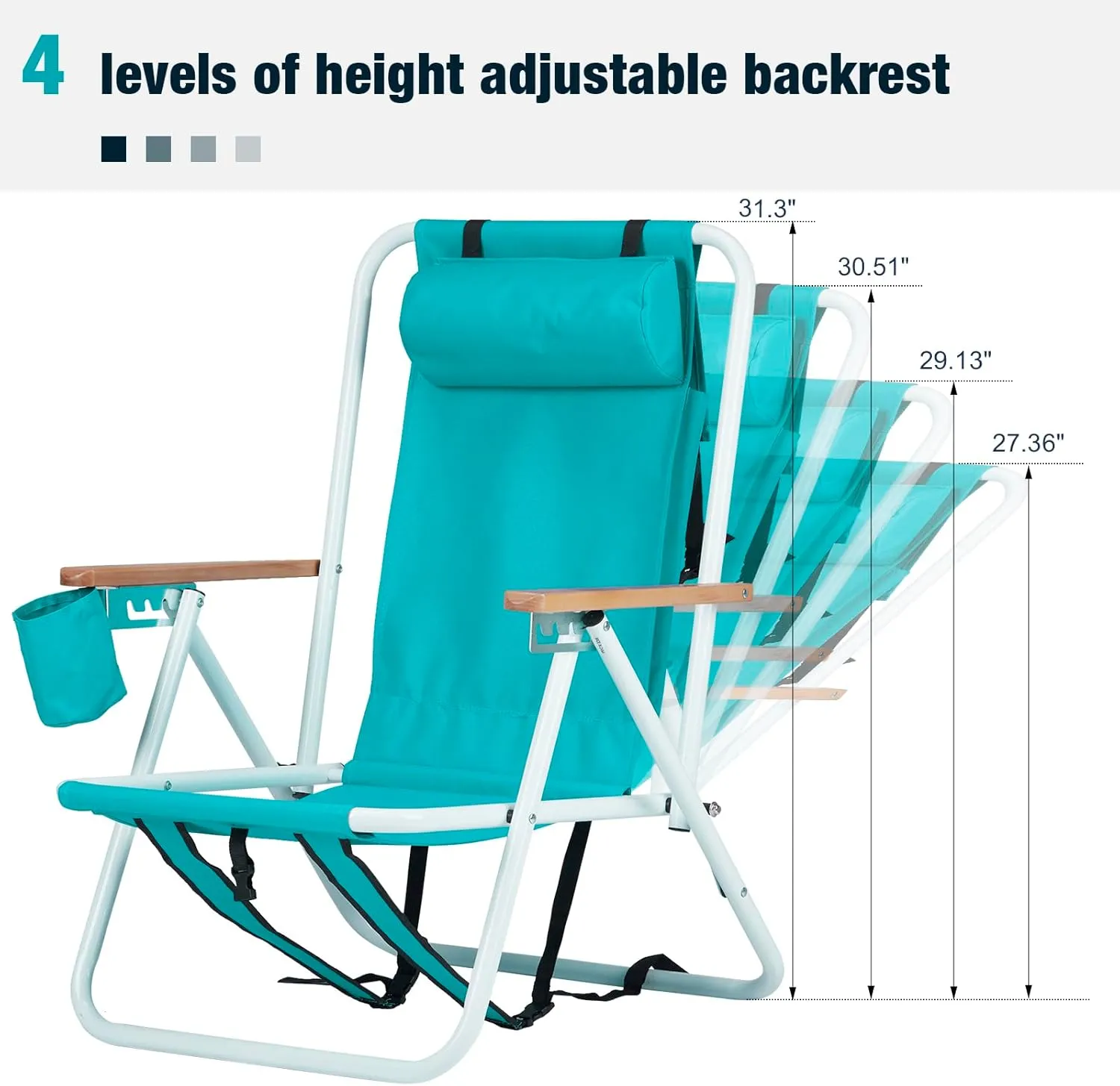 Folding Beach Chair Camping Chair, Modern Style, 4-Position Reclining, Portable Backpack Foldable Camping Chair with Headrest and Cup Holder
