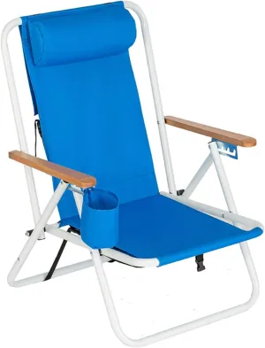 Folding Beach Chair Camping Chair, Modern Style, Blue, Solid, Four Reclining Positions, Travel-Friendly Design, Plush Headrest, Wooden Armrests, Built to Last, Supports Up to 265 lbs