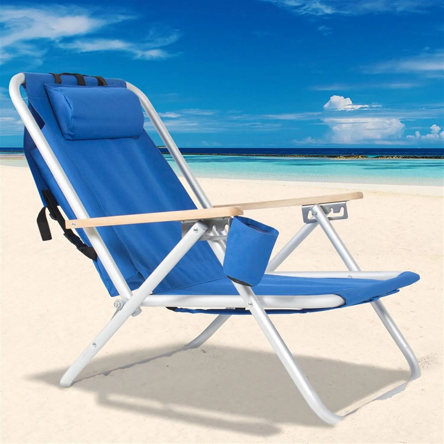 Folding Beach Chair Camping Chair, Modern Style, Blue, Solid, Four Reclining Positions, Travel-Friendly Design, Plush Headrest, Wooden Armrests, Built to Last, Supports Up to 265 lbs