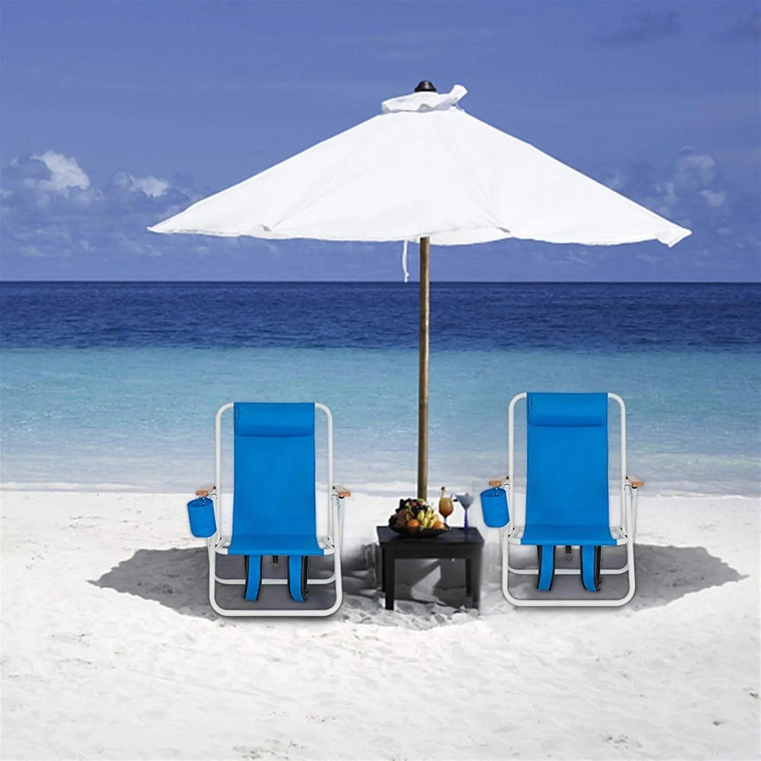 Folding Beach Chair Camping Chair, Modern Style, Blue, Solid, Four Reclining Positions, Travel-Friendly Design, Plush Headrest, Wooden Armrests, Built to Last, Supports Up to 265 lbs