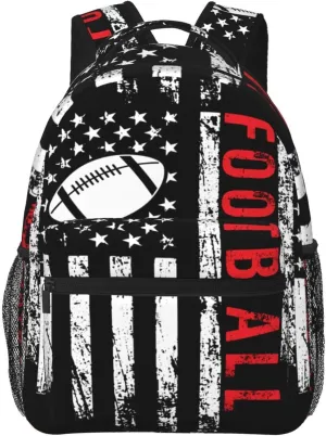 Football American Flag Sport Backpack Casual Pack Bag Laptop Backpack With Side Pocket Front Zipper Pocket Bookpack Travel Daypack Picnic Rucksack