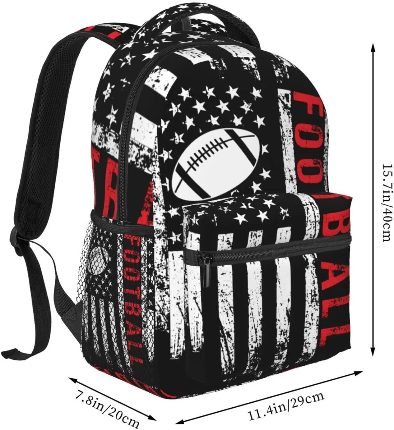 Football American Flag Sport Backpack Casual Pack Bag Laptop Backpack With Side Pocket Front Zipper Pocket Bookpack Travel Daypack Picnic Rucksack