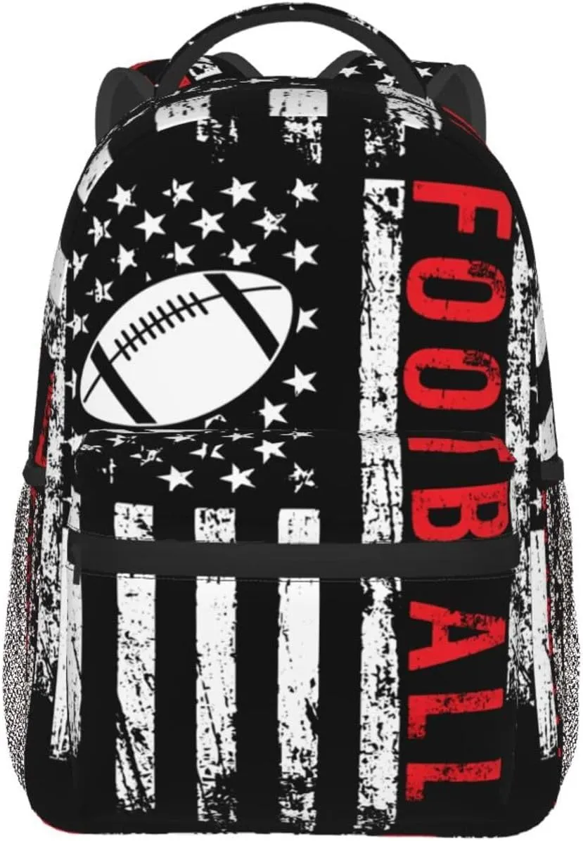 Football American Flag Sport Backpack Casual Pack Bag Laptop Backpack With Side Pocket Front Zipper Pocket Bookpack Travel Daypack Picnic Rucksack