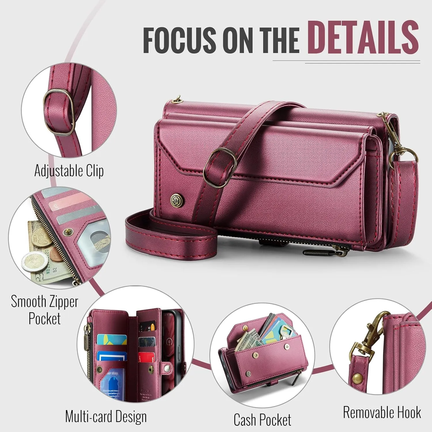 for iPhone-16e 2025 Purse Case Envelope Bag, Magnetic Flip Leather Shockproof Cover with Kickstand 7 RFID Blocking Card Holders Cash Slot Zipper Pocket Crossbody Lanyard Wrist Strap (Red)