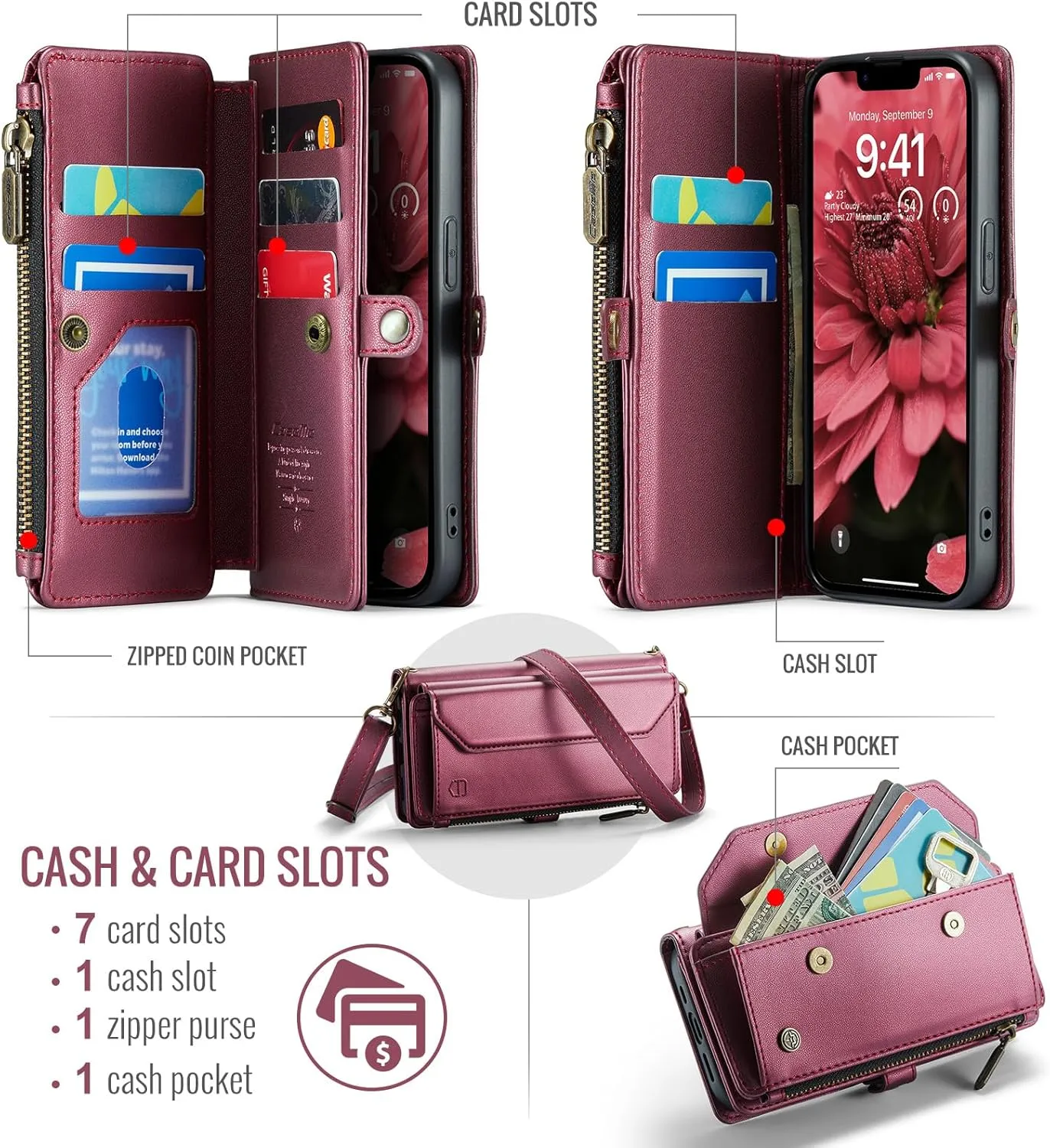 for iPhone-16e 2025 Purse Case Envelope Bag, Magnetic Flip Leather Shockproof Cover with Kickstand 7 RFID Blocking Card Holders Cash Slot Zipper Pocket Crossbody Lanyard Wrist Strap (Red)