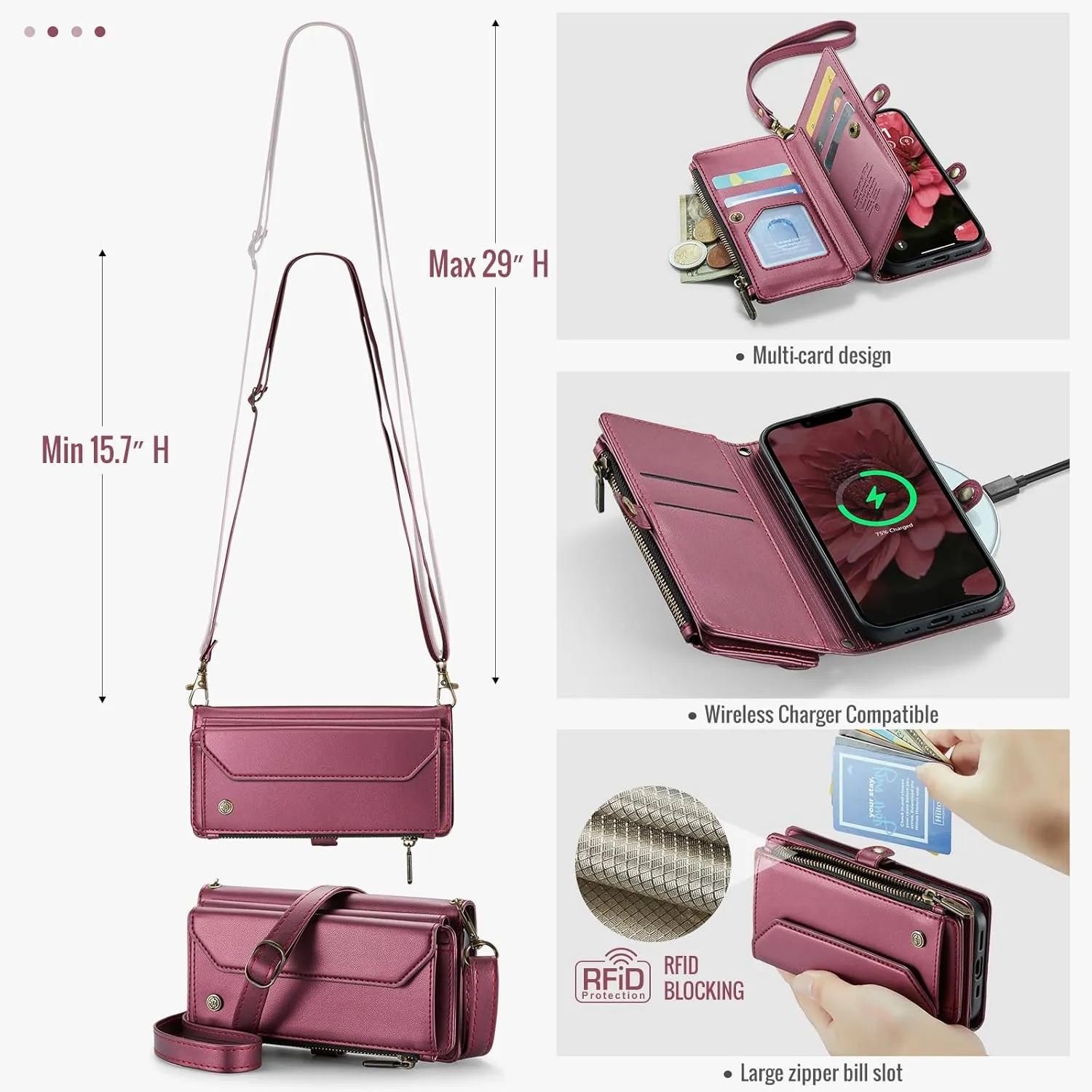 for iPhone-16e 2025 Purse Case Envelope Bag, Magnetic Flip Leather Shockproof Cover with Kickstand 7 RFID Blocking Card Holders Cash Slot Zipper Pocket Crossbody Lanyard Wrist Strap (Red)
