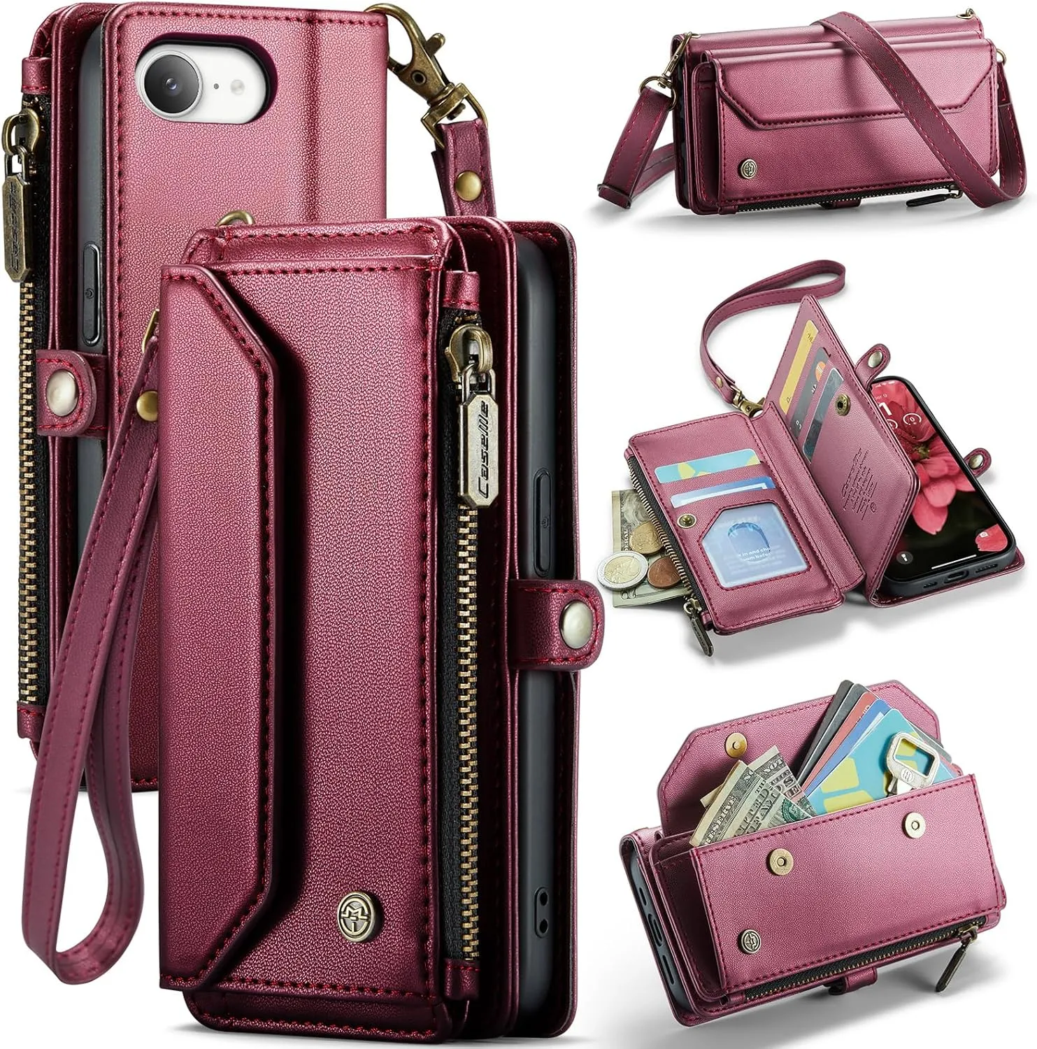 for iPhone-16e 2025 Purse Case Envelope Bag, Magnetic Flip Leather Shockproof Cover with Kickstand 7 RFID Blocking Card Holders Cash Slot Zipper Pocket Crossbody Lanyard Wrist Strap (Red)