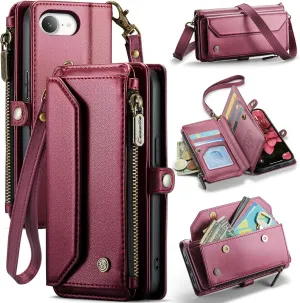 for iPhone-16e 2025 Purse Case Envelope Bag, Magnetic Flip Leather Shockproof Cover with Kickstand 7 RFID Blocking Card Holders Cash Slot Zipper Pocket Crossbody Lanyard Wrist Strap (Red)