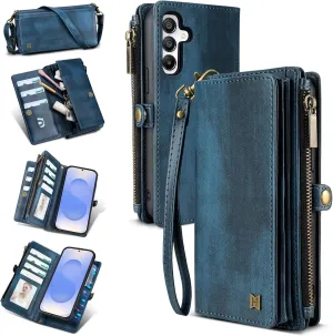 for Samsung Galaxy S25 Wallet Case(Holds Lipstick, Headphones, etc.),Multi-Functional Portable Magnetic Faux Leather Phone Case with RFID Blocking,Shoulder Strap and Wrist Strap(Blue)