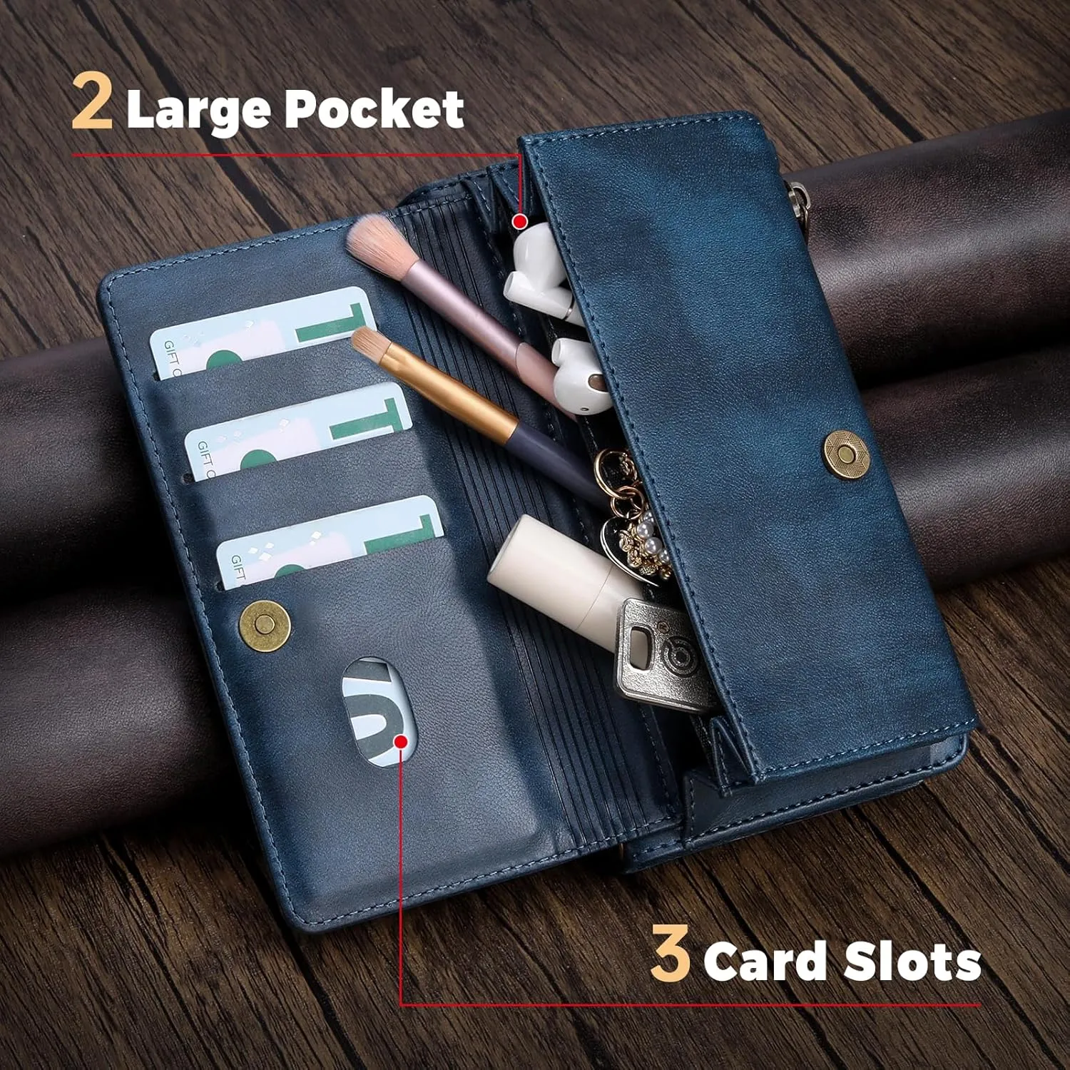 for Samsung Galaxy S25 Wallet Case(Holds Lipstick, Headphones, etc.),Multi-Functional Portable Magnetic Faux Leather Phone Case with RFID Blocking,Shoulder Strap and Wrist Strap(Blue)
