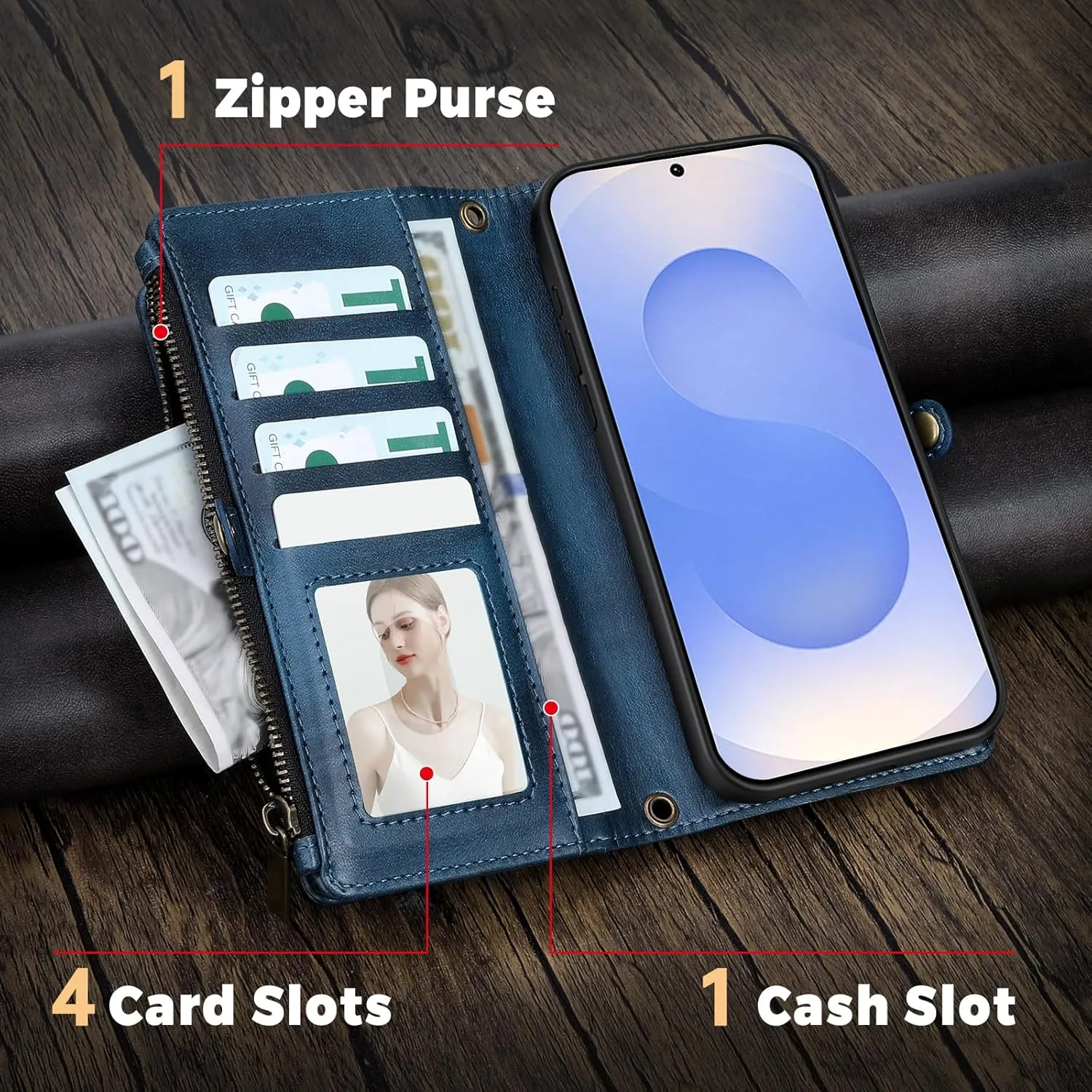 for Samsung Galaxy S25 Wallet Case(Holds Lipstick, Headphones, etc.),Multi-Functional Portable Magnetic Faux Leather Phone Case with RFID Blocking,Shoulder Strap and Wrist Strap(Blue)