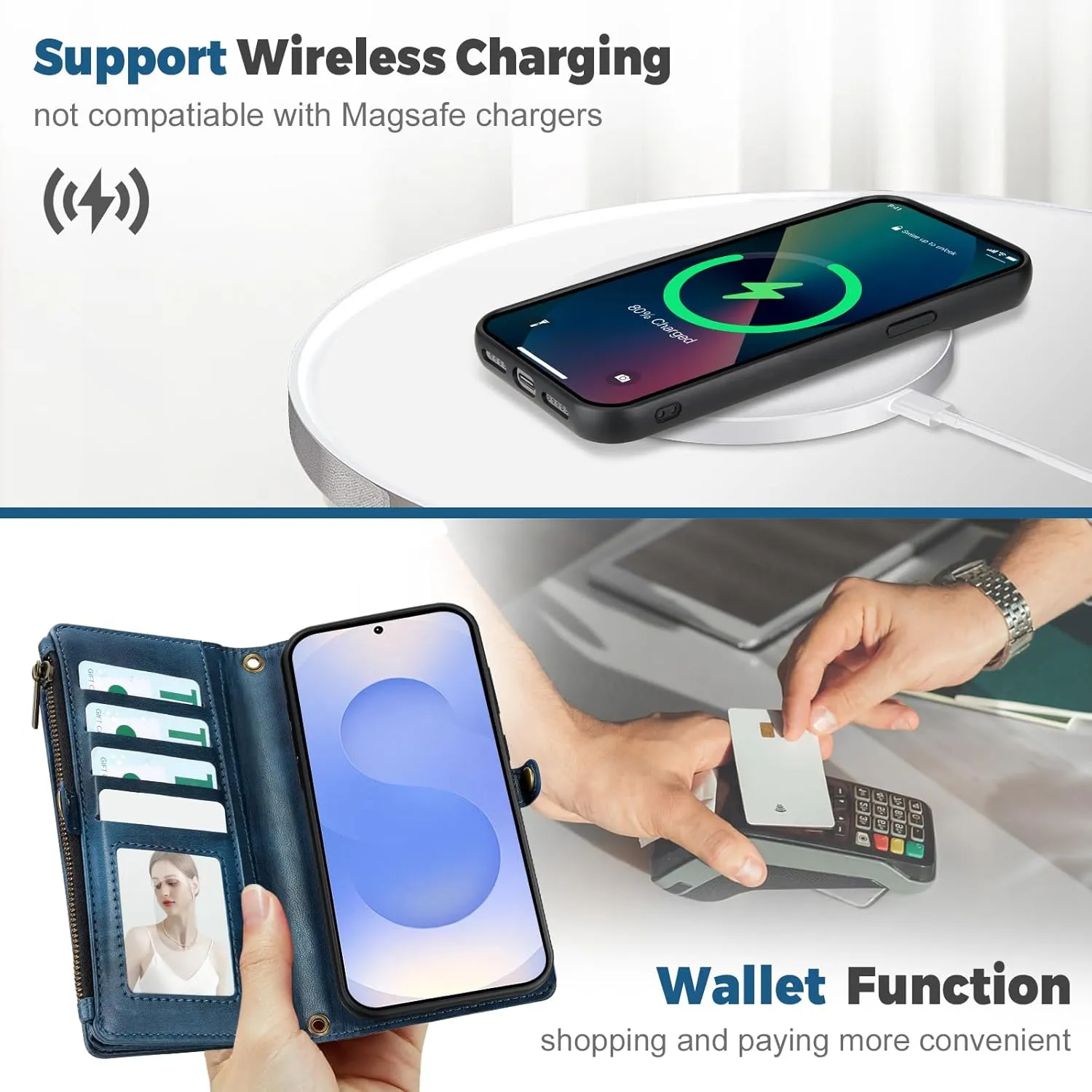 for Samsung Galaxy S25 Wallet Case(Holds Lipstick, Headphones, etc.),Multi-Functional Portable Magnetic Faux Leather Phone Case with RFID Blocking,Shoulder Strap and Wrist Strap(Blue)