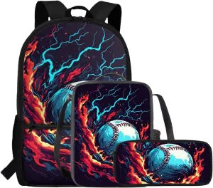 FOR U DESIGNS 3 Piece Baseball Backpack for Boys 8-12 Large Capacity Bookbag and Lunch Box Set 17 Inch Kindergarten Elementary School Bag 5th Grade Travel Rucksack