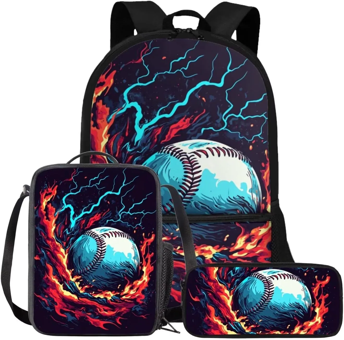 FOR U DESIGNS 3 Piece Baseball Backpack for Boys 8-12 Large Capacity Bookbag and Lunch Box Set 17 Inch Kindergarten Elementary School Bag 5th Grade Travel Rucksack