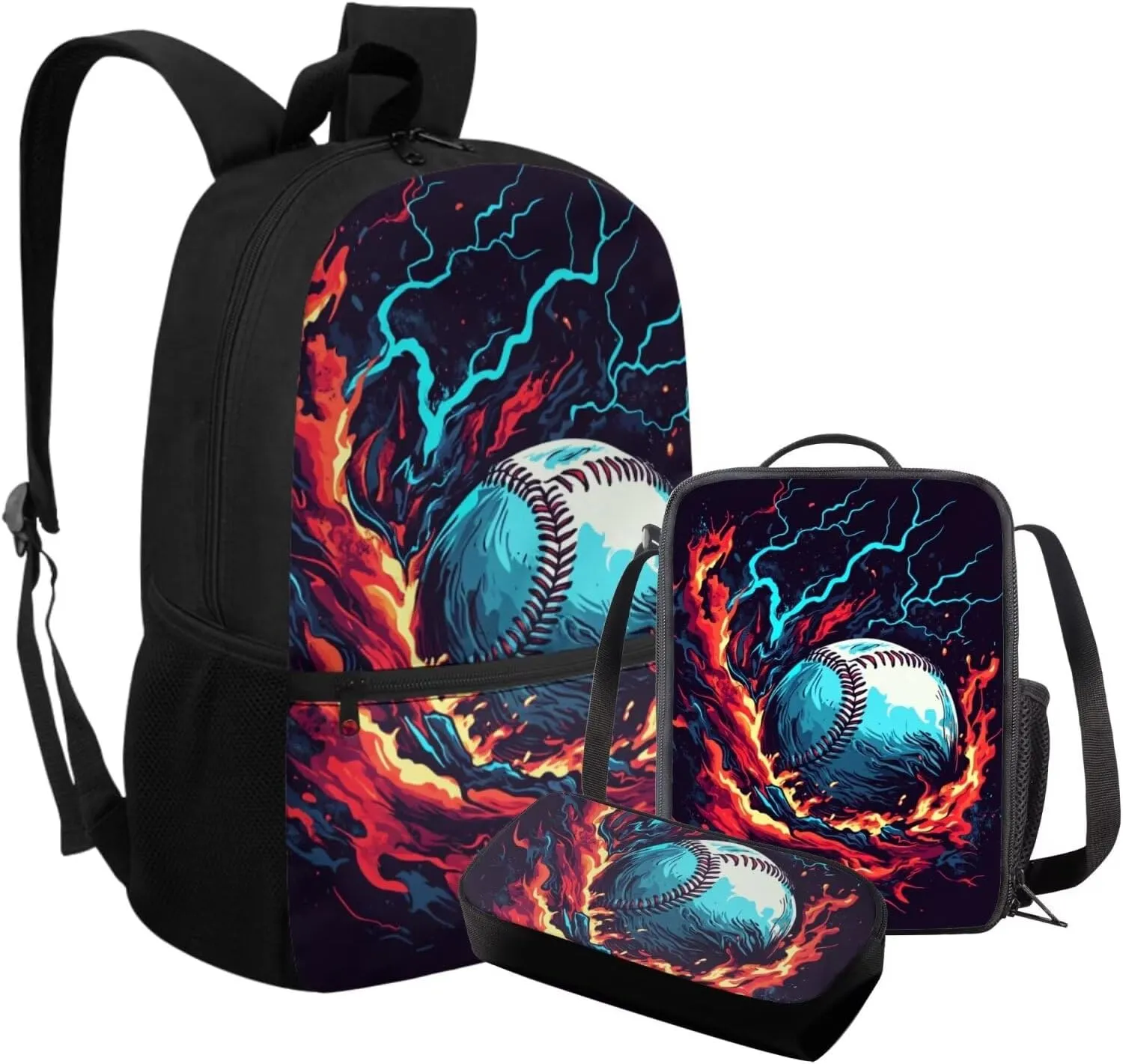 FOR U DESIGNS 3 Piece Baseball Backpack for Boys 8-12 Large Capacity Bookbag and Lunch Box Set 17 Inch Kindergarten Elementary School Bag 5th Grade Travel Rucksack