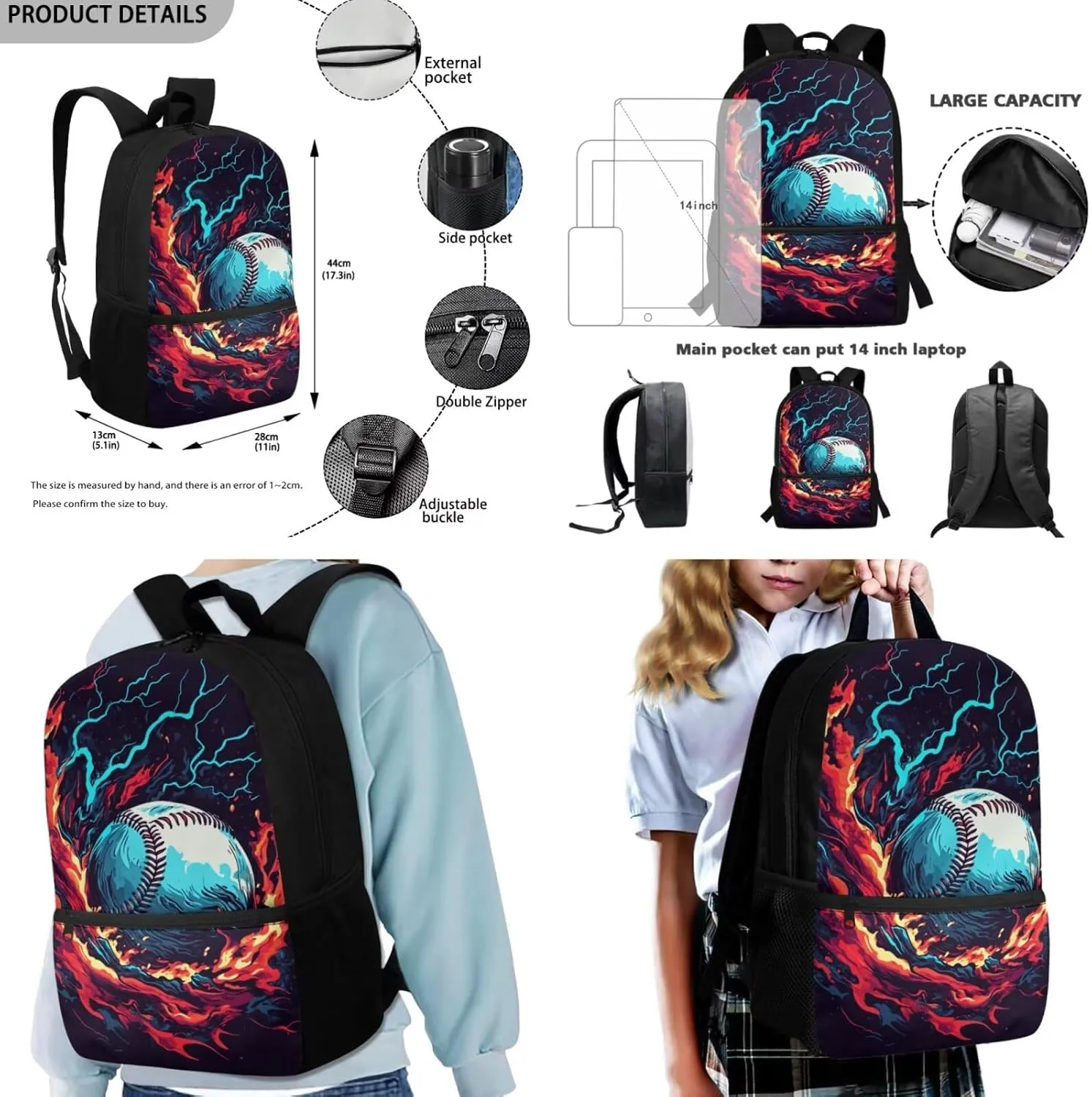 FOR U DESIGNS 3 Piece Baseball Backpack for Boys 8-12 Large Capacity Bookbag and Lunch Box Set 17 Inch Kindergarten Elementary School Bag 5th Grade Travel Rucksack