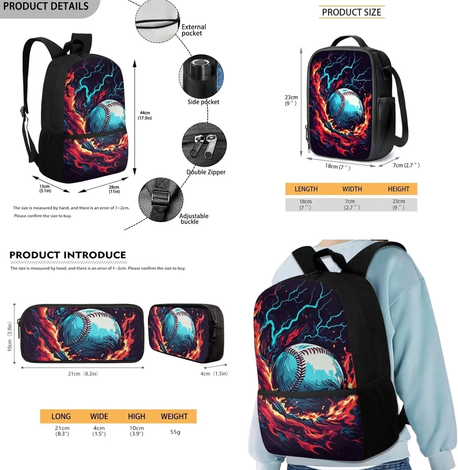 FOR U DESIGNS 3 Piece Baseball Backpack for Boys 8-12 Large Capacity Bookbag and Lunch Box Set 17 Inch Kindergarten Elementary School Bag 5th Grade Travel Rucksack