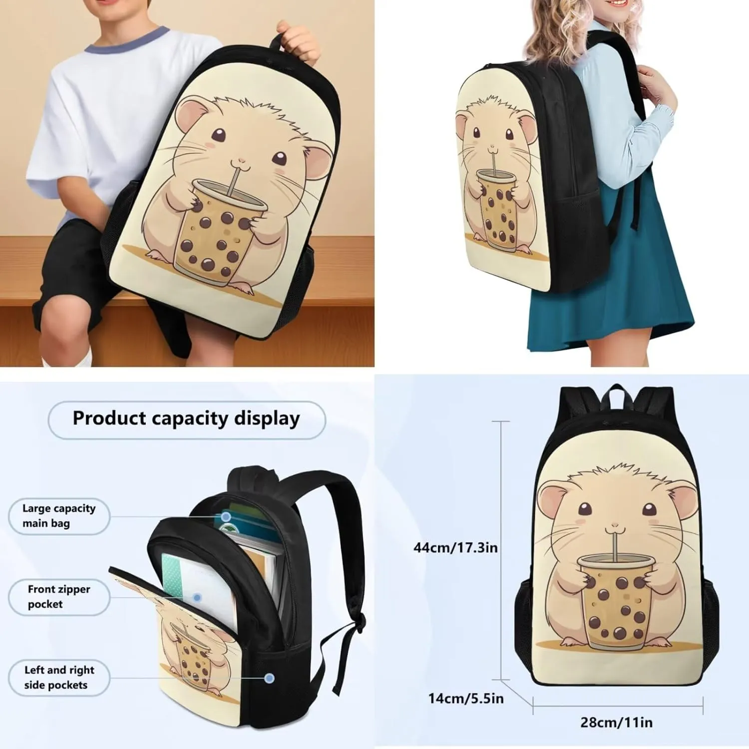 FOR U DESIGNS Capybara Backpack and Lunchbox Cute School Bag Set 4 Piece Kawaii Bookbag for Girls with Pencil Case Large Capacity Book Bag for Kids 5-7 Girls